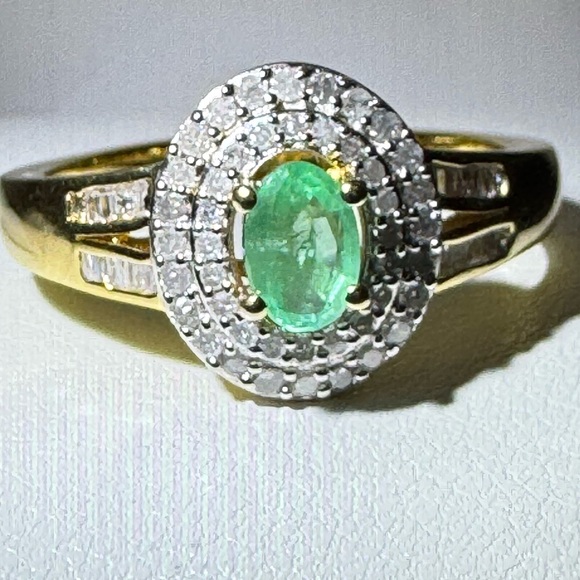 Emerald & Diamond Halo Ring in Yellow Gold Vermeil Over Sterling Silver